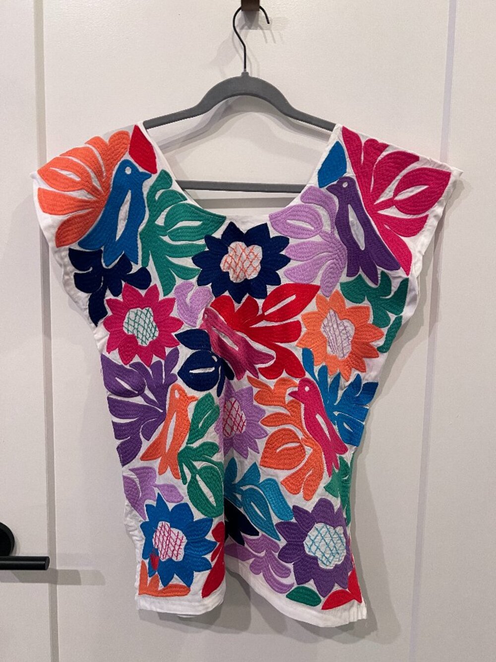 Embroidered Floral Bird Top Boho Statement Multicolor Artisan Blouse Small